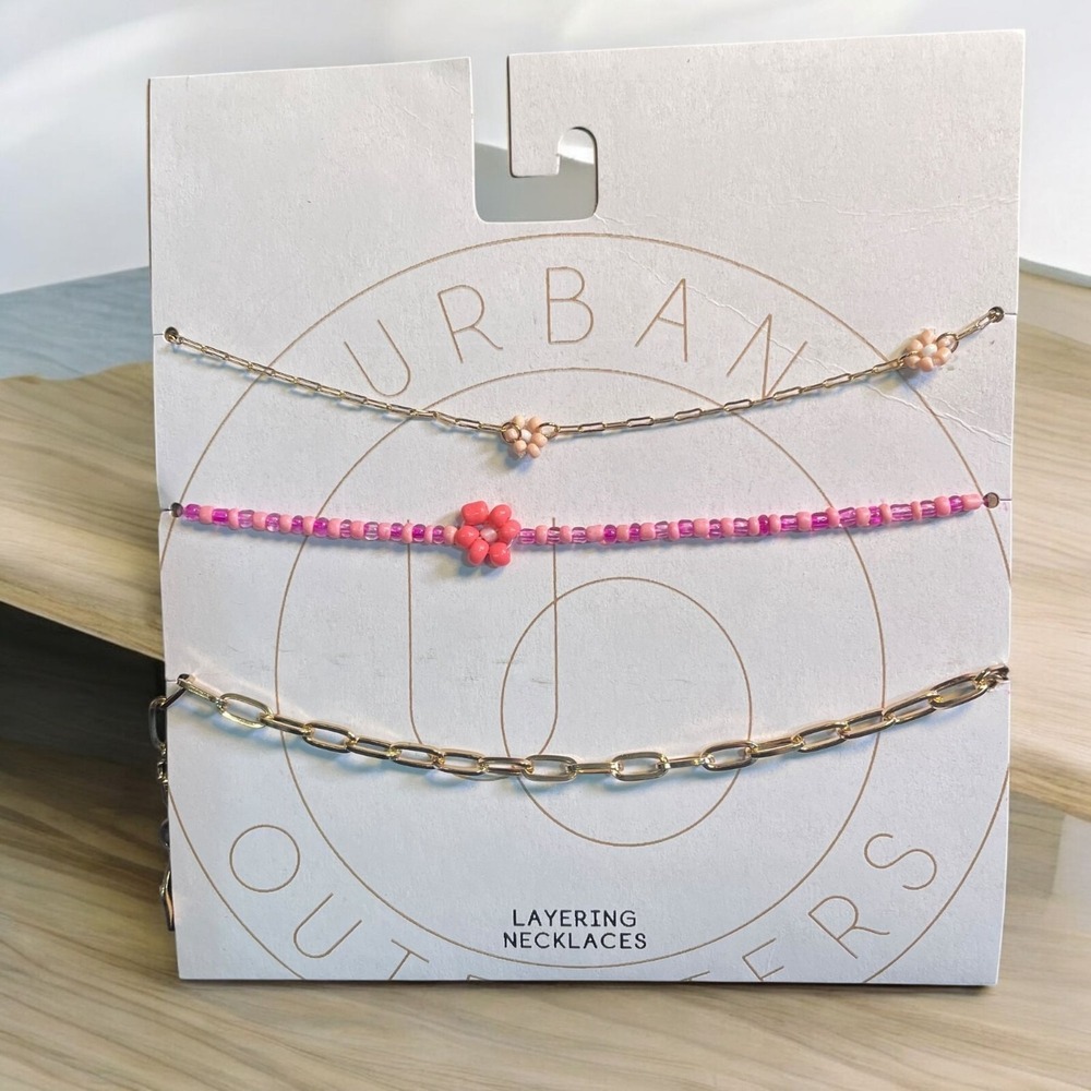 Urban Outfitters Layering Necklace Set – Beaded &‎ Gold Chain – Boho Chic Floral